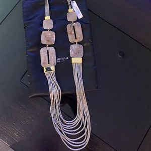 🏷 Lafayette 148 New York long mesh taupe and gold necklace with stones NWT🏷